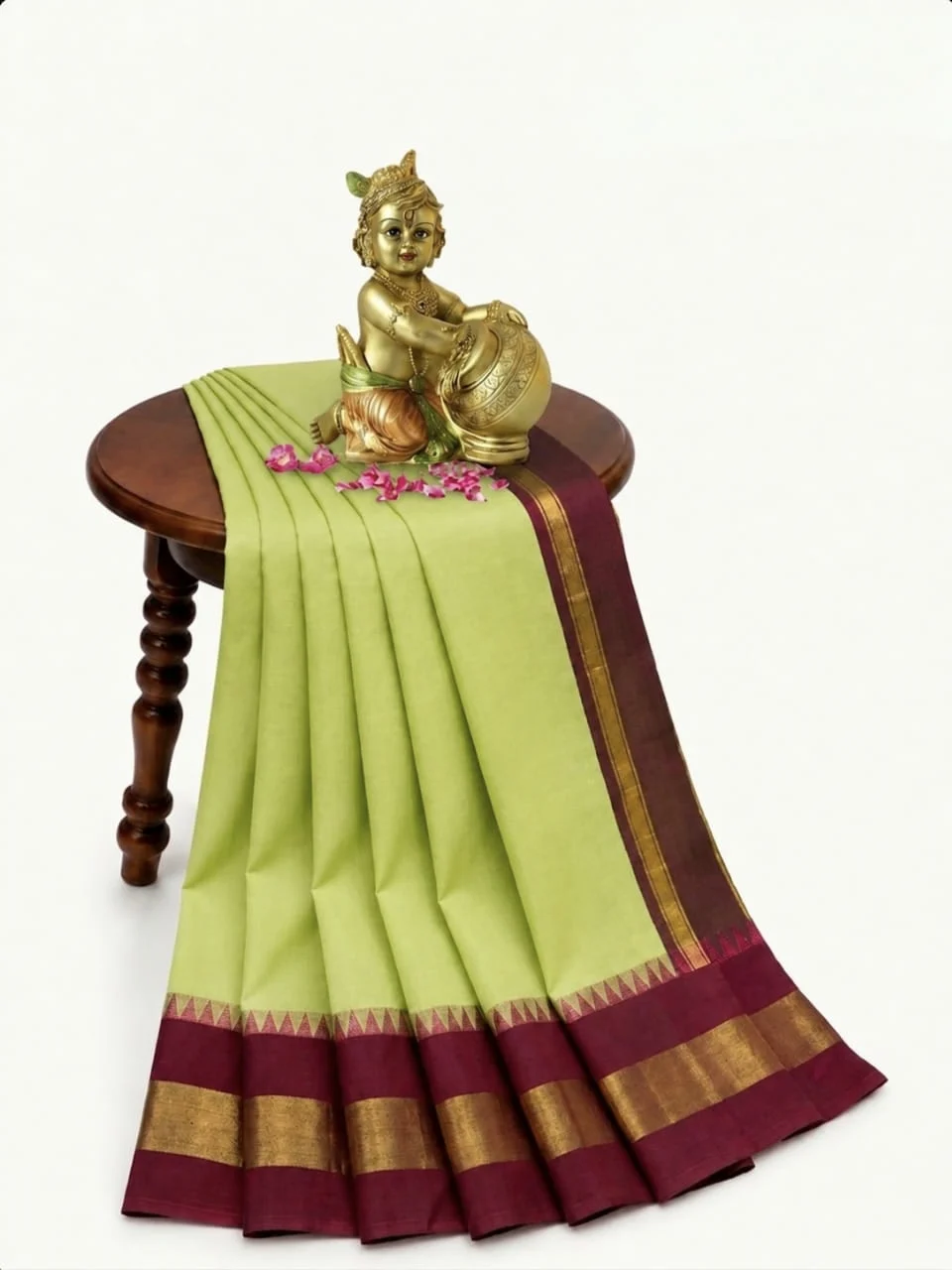 Lime Green with Maroon Gold Border Korvai Cotton Saree